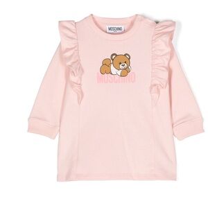 Moschino Kids Light Pink Teddy Bear Long Sleeve Organic Cotton Dress